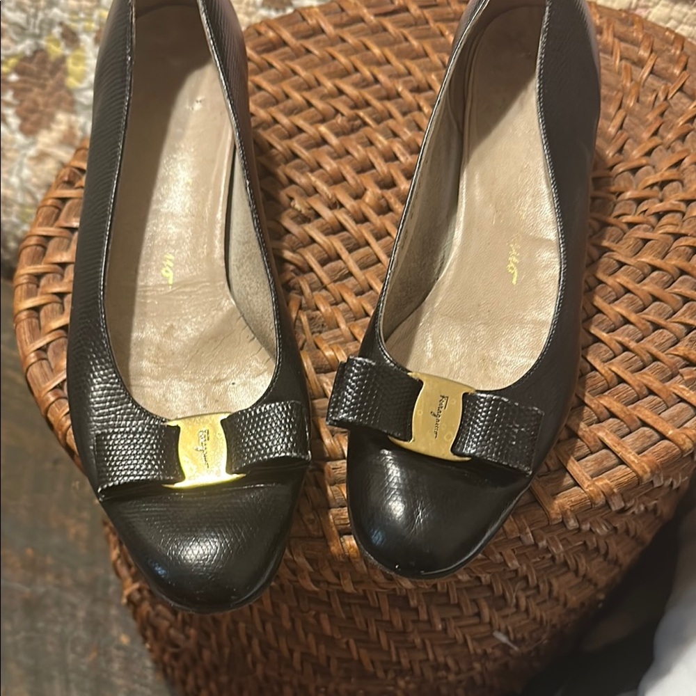 Salvatore Ferragamo Black Leather Flats with Gold Bow